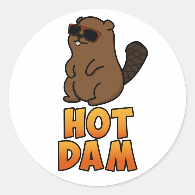 Pegatina Redonda Hot Dam Funny Guay Beaver Pun (Anverso)