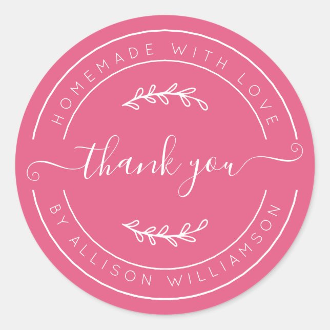 Pegatina Redonda Hot Pink Homemade Thank You Label (Anverso)