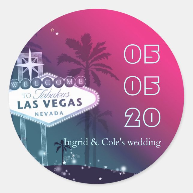 Pegatina Redonda Hot Pink Las Vegas Wedding Save the Date (Anverso)