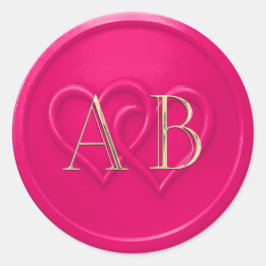 Pegatina Redonda Hot Pink Two Hearts Intertwined Monogram Wedding