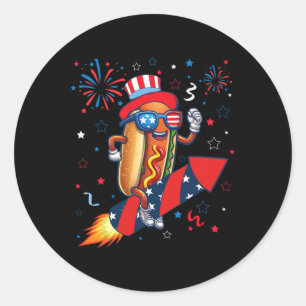Pegatina Redonda Hotdog 4 de julio Patriótico Cohete y Fuegos Artif