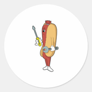 Pegatina Redonda Hotdog como mecánico con herramienta