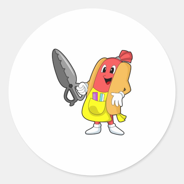 Pegatina Redonda Hotdog como peluquero con tijeras (Anverso)