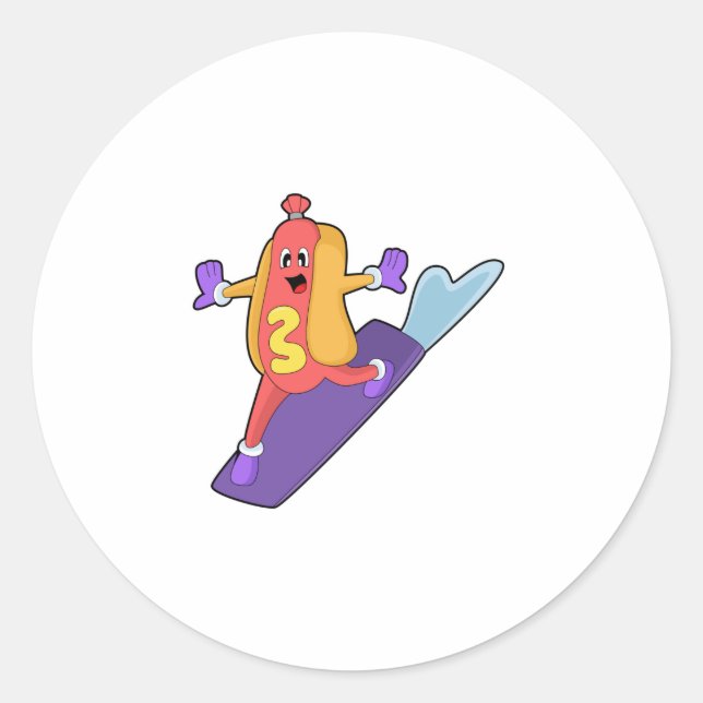 Pegatina Redonda Hotdog como snowboarder con Sonowboard (Anverso)