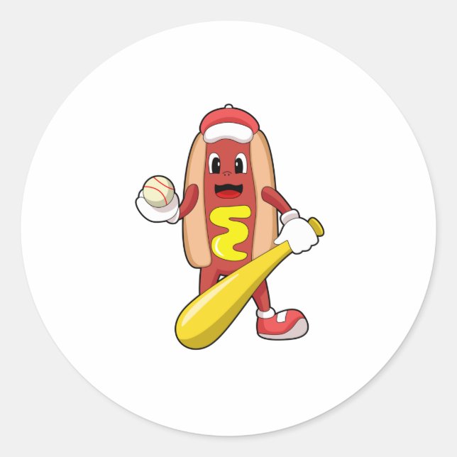 Pegatina Redonda Hotdog de Béisbol con bate de béisbol (Anverso)