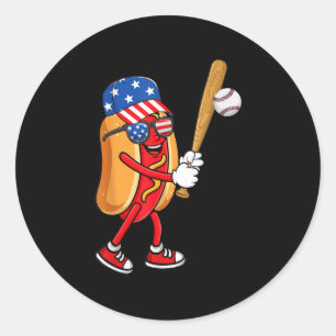 Pegatina Redonda Hotdog Jugando Al Béisbol Eeuu Independence Day 4O