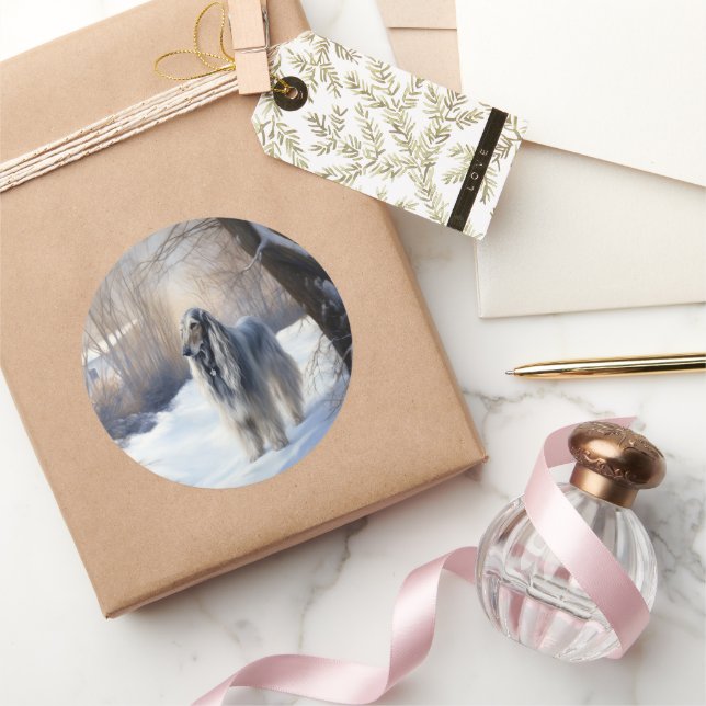 Pegatina Redonda Hound afgano deja que nieve Navidades (Regalar)