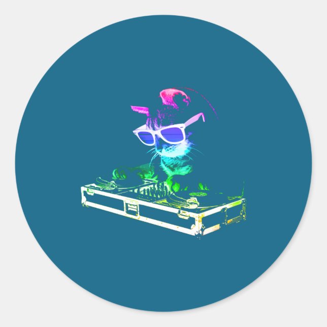 Pegatina Redonda House Cat Rainbow Dj Cat  (Anverso)