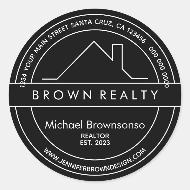Pegatina Redonda House Roof Logo Agente inmobiliario negro simple (Anverso)