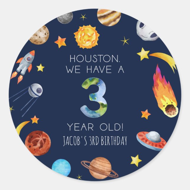 Pegatina Redonda Houston We Have A 3 Year Old 3rd Birthday Party (Anverso)
