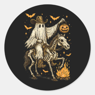 Pegatina Redonda Howboy Cowboy Ghost Pumpkin Riding Skeleton Horse