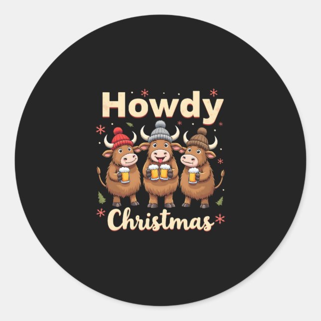 Pegatina Redonda Howdy Christmas Funny Highland Cow Xmas Cows Lover (Anverso)