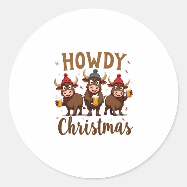 Pegatina Redonda Howdy Christmas Funny Highland Cow Xmas Cows Lover (Anverso)