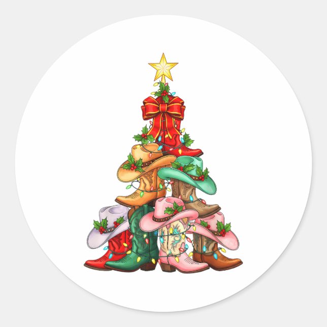 Pegatina Redonda Howdy Christmas Tree Western Cowgirl Boots Xmas Li (Anverso)