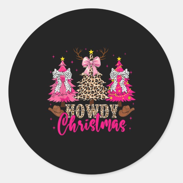 Pegatina Redonda Howdy Christmas Trees Cowgirl Western Coquette Bow (Anverso)