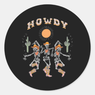 Pegatina Redonda Howdy Cowboy Skeleton Dancing Country Western Hall