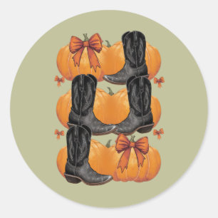 Pegatina Redonda Howdy Pumpkin Western Fall Coquette Bow Cowgirl