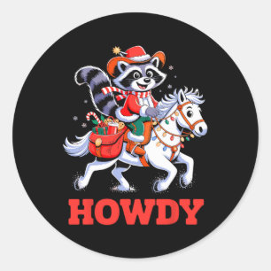 Pegatina Redonda Howdy Raccoon Cowboy Navidades