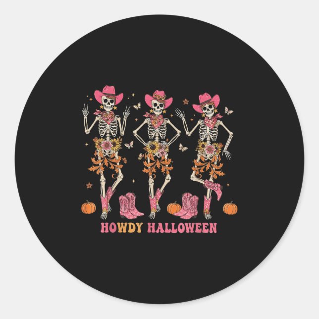 Pegatina Redonda Howdy Western Skeleton Cowgirls Dancing Halloween  (Anverso)