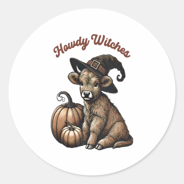 Pegatina Redonda Howdy Witch Halloween Highland Cow (Anverso)