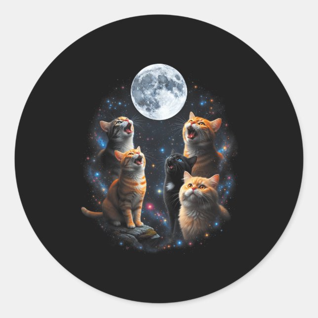Pegatina Redonda Howling Cats Full Moon Starry Sky Galaxy Cosmic An (Anverso)