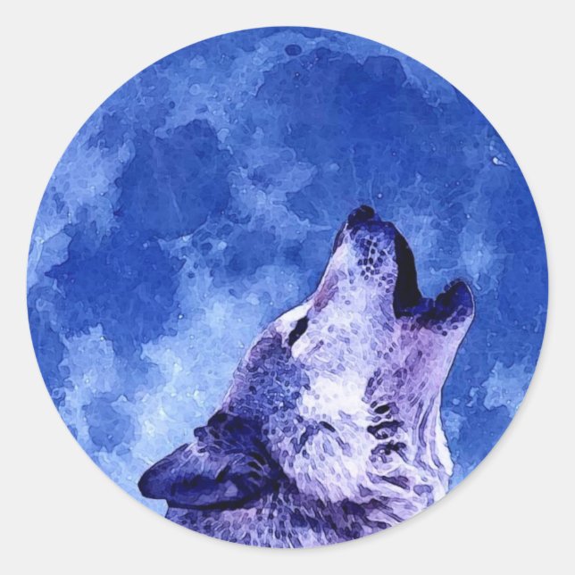 Pegatina Redonda Howling Wolf en la luna (Anverso)