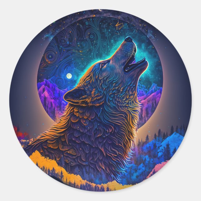 Pegatina Redonda Howling Wolf Surreal Fantasy (Anverso)