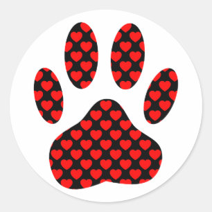 Pegatina Redonda Huella de pata de perro con corazones