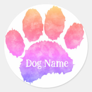 Pegatina Redonda Huella de pata de perro con nombre personalizado a