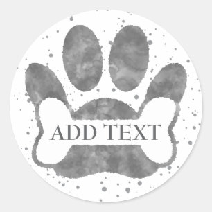 Pegatina Redonda Huella de pata de perro y hueso gris acuarela pers
