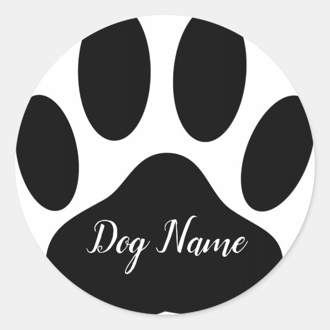 Pegatina Redonda Huella de pezuña de perro con nombre editable (Anverso)