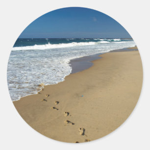 Pegatina Redonda Huellas En La Playa, Mabibi, Tailandia