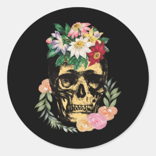 Pegatina Redonda Hueso Y Flores