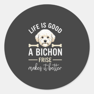 Pegatina Redonda Huesos de perro Bichon Frise de pelo blanco Life I