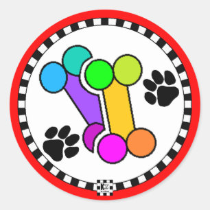 Pegatina Redonda Huesos y patas de perro coloridos