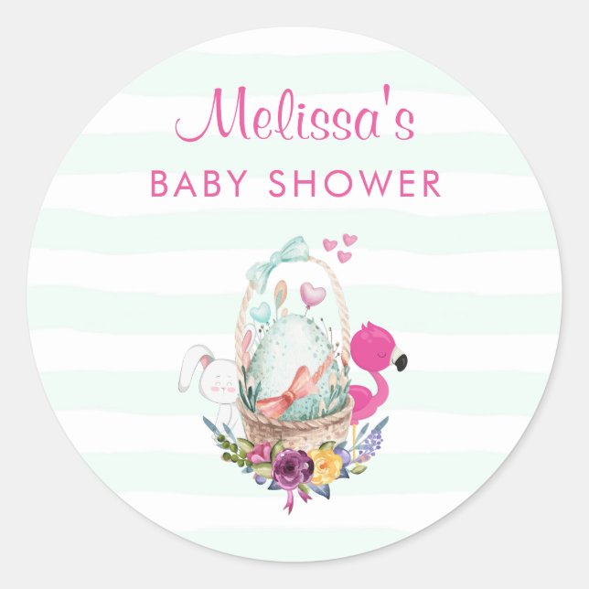Pegatina Redonda Huevo Baby Shower con Flamingo y Bunny (Anverso)