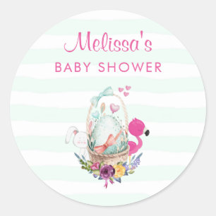 Pegatina Redonda Huevo Baby Shower con Flamingo y Bunny