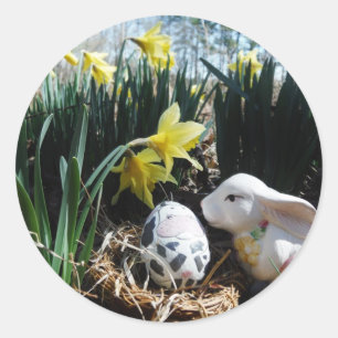 Pegatina Redonda Huevo de conejo blanco y huevo de vaca