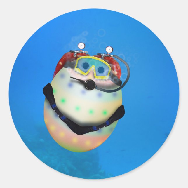 Pegatina Redonda Huevo de Pascua de Buceo Scuba (Anverso)