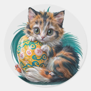 Pegatina Redonda Huevo de Pascua de gatito