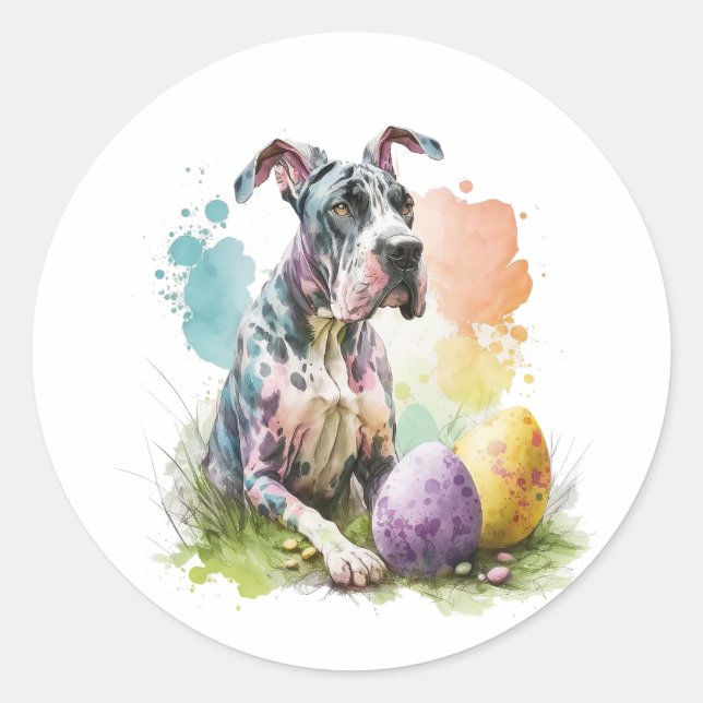 Pegatina Redonda Huevo de Pascua de Perro Grandioso de Danés, Feliz (Anverso)