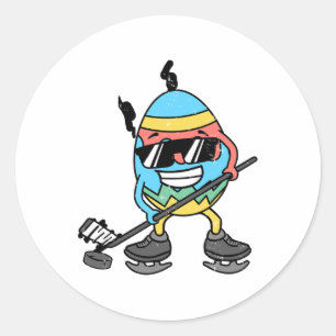 Pegatina Redonda Huevo de Pascua Jugando Hockey Hielo Cute Deportes
