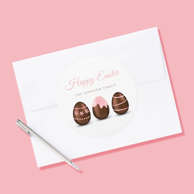 Pegatina Redonda Huevos de chocolate lindo Feliz Pascua (Cute Chocolate Eggs Happy Easter Classic Round Sticker)