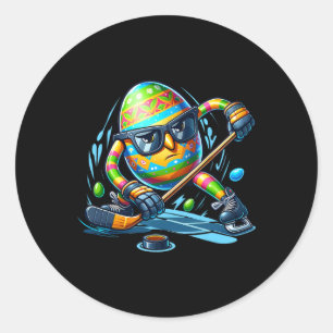 Pegatina Redonda Huevos de jugador de hockey de Pascua Conejo Hombr