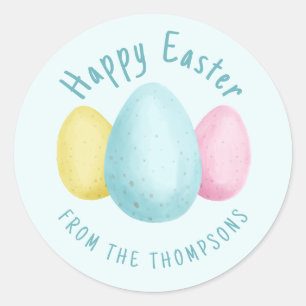 Pegatina Redonda Huevos de Pascua acuarela Feliz Pascua Azul