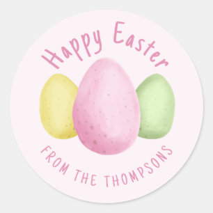 Pegatina Redonda Huevos de Pascua acuarela Feliz Pascua Rosa