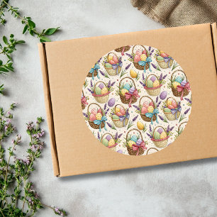 Pegatina Redonda Huevos de Pascua en Cesta de Mimbre con Lavanda