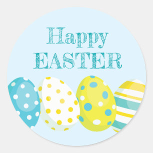 Pegatina Redonda Huevos Felices de Pascua Fondo Azul