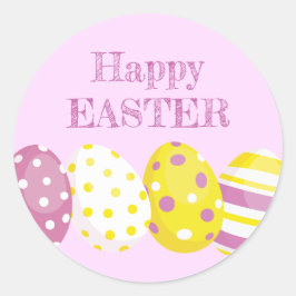 Pegatina Redonda Huevos Felices de Pascua Fondo Rosa