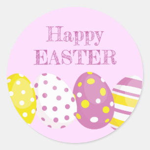 Pegatina Redonda Huevos Felices de Pascua Fondo Rosa